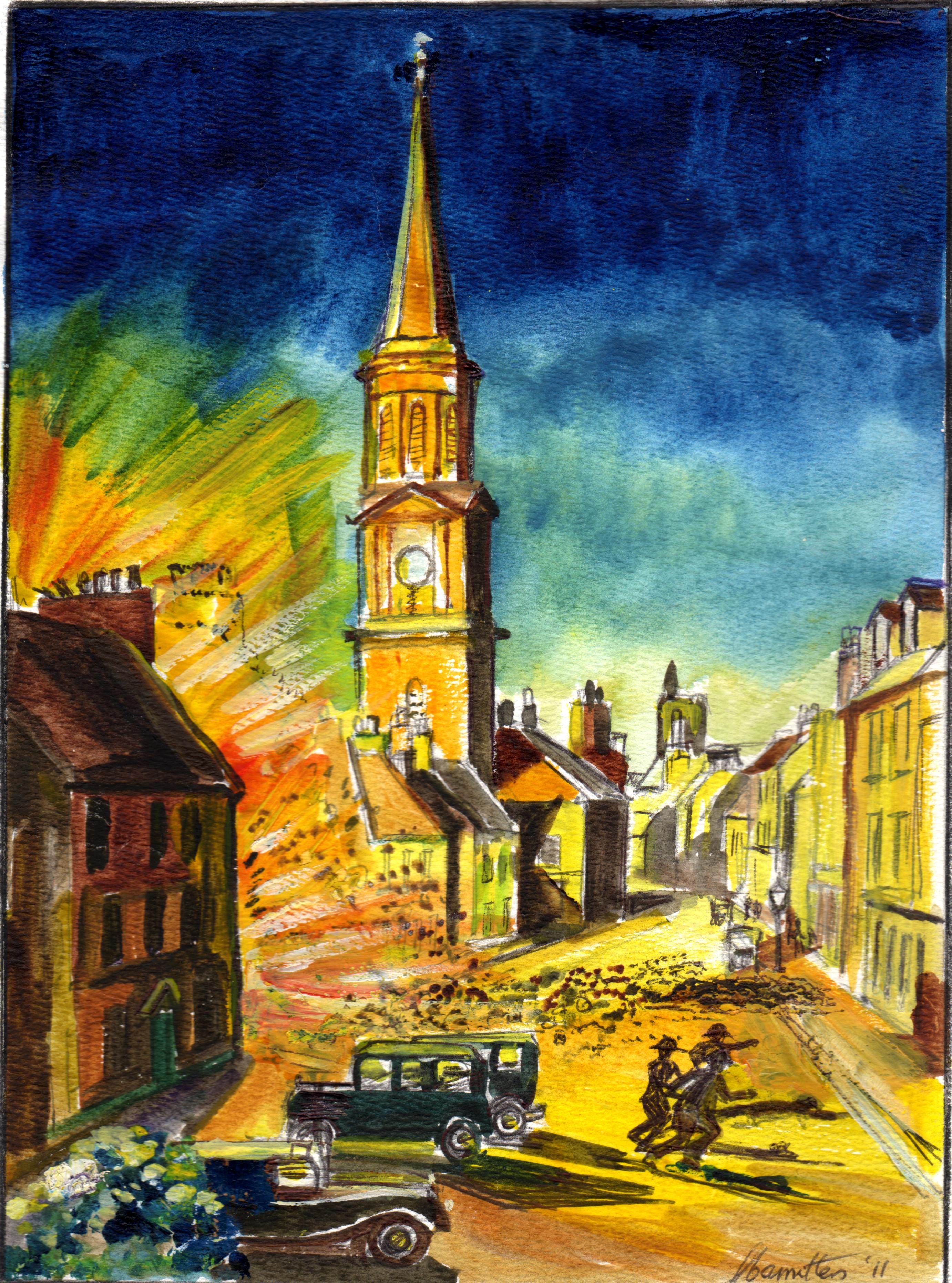 A bomb lands on Baillie's shop, (artist S. Carruthers).jpg