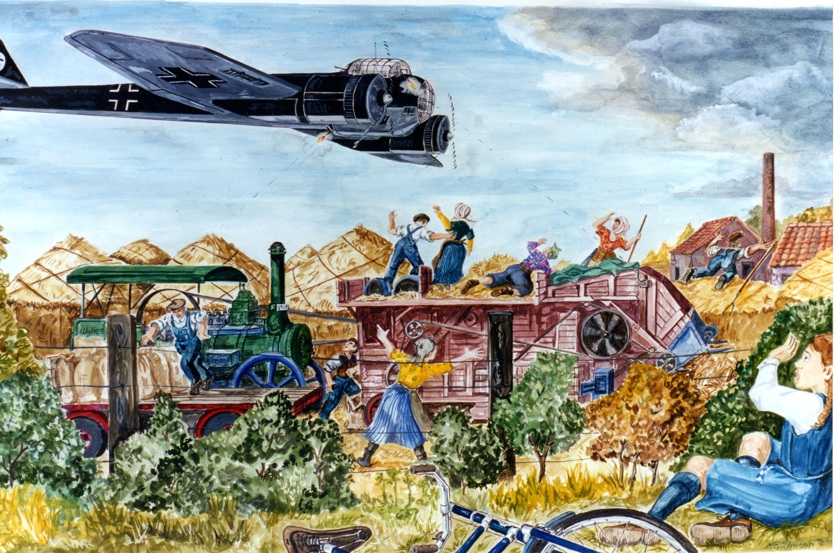 Artist's impression of the JU88 strafing Preston Mains farm.jpg